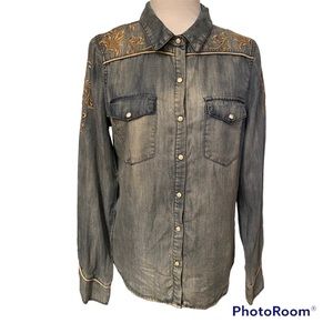 MISS ME NEW TOP BLOUSE BUTTON DOWN SNAP BLUE WESTERN TAN EMBROIDERY SIZE S NWT